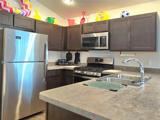 kitchen with dark brown cabinets, sink, vaulted ceiling, and stainless steel appliances