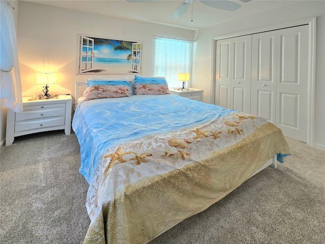 bedroom with a closet, ceiling fan, and carpet