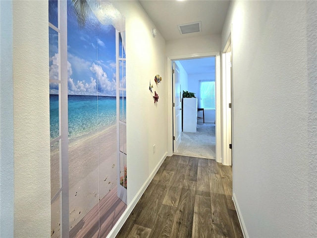 corridor with dark hardwood / wood-style flooring and a water view