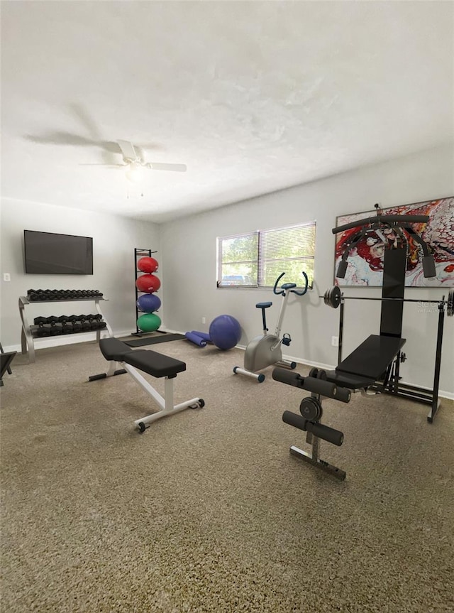 exercise room featuring ceiling fan