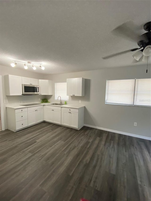 kitchen with black electric stovetop, dark hardwood / wood-style flooring, a textured ceiling, sink, and white cabinetry