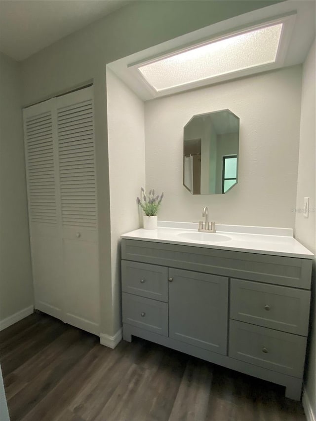 bathroom with vanity and wood-type flooring