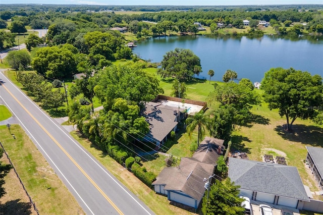 drone / aerial view with a water view