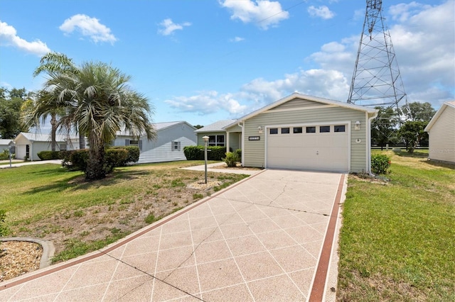 ranch-style home with a front lawn and a garage