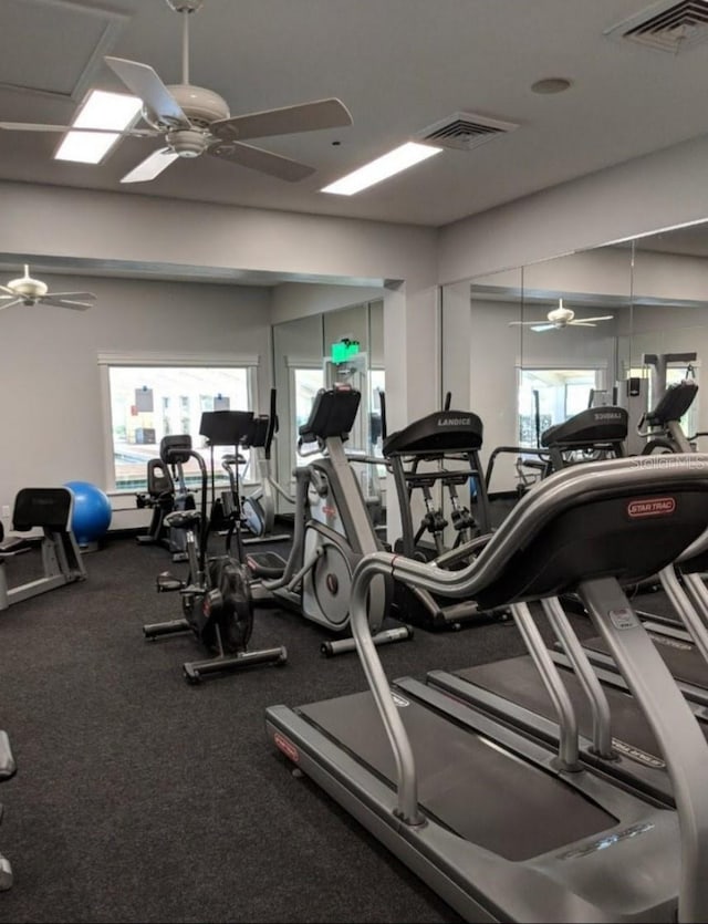 workout area with ceiling fan