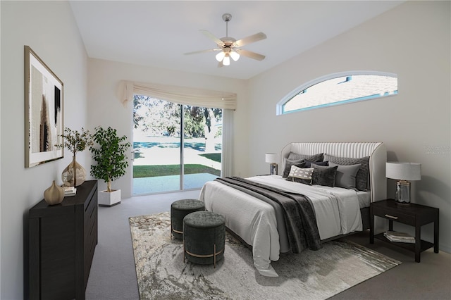 carpeted bedroom featuring access to outside and ceiling fan