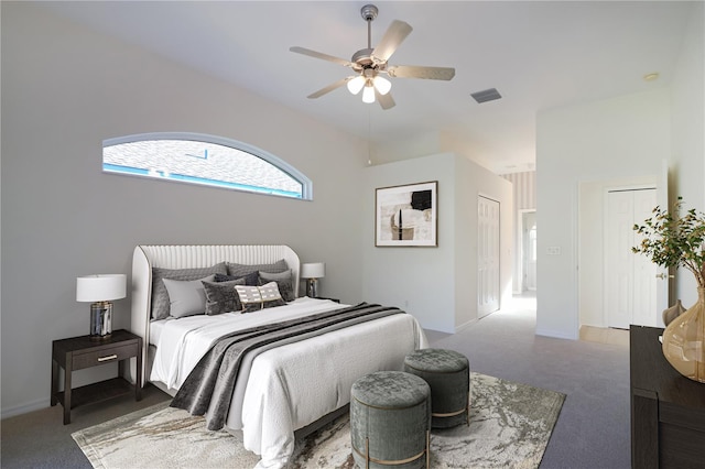 bedroom with ceiling fan and carpet floors