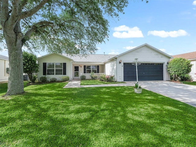 ranch-style home featuring a porch, a front lawn, and a garage