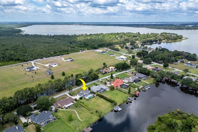 birds eye view of property featuring a water view