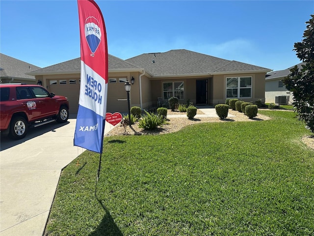 ranch-style home with a front yard, roof with shingles, stucco siding, a garage, and driveway