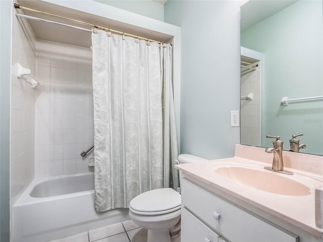 full bath with toilet, shower / tub combo, vanity, and tile patterned floors