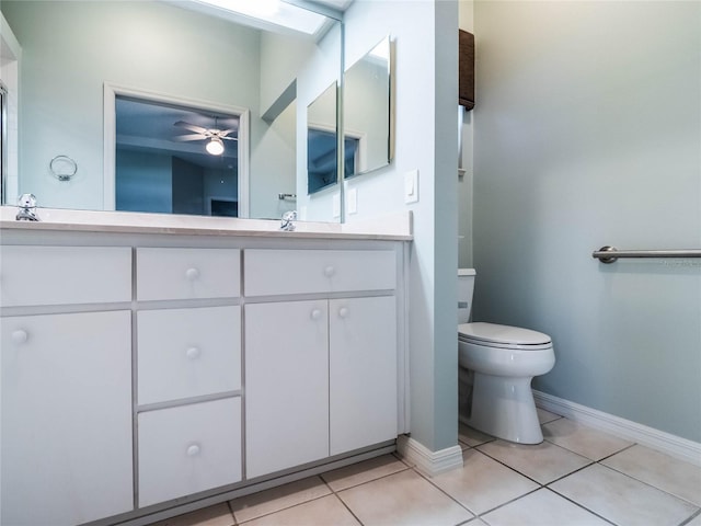 bathroom with baseboards, a ceiling fan, toilet, tile patterned floors, and vanity