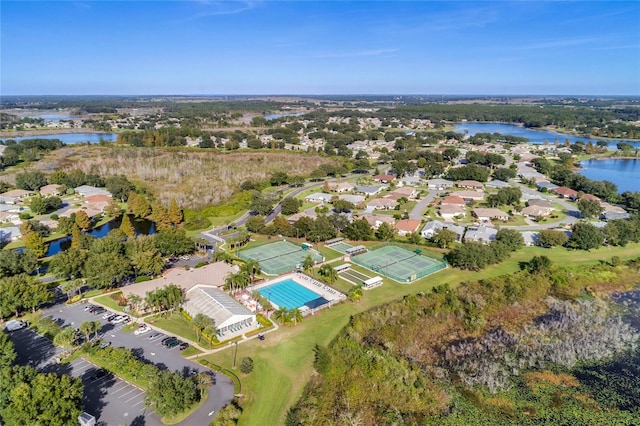 aerial view featuring a water view