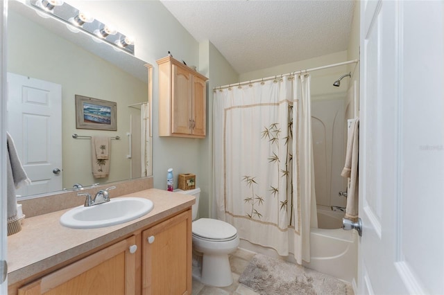 full bathroom with a textured ceiling, shower / bathtub combination with curtain, tile patterned flooring, vanity, and toilet