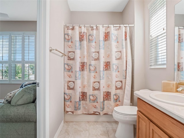 full bathroom with tile patterned flooring, vanity, toilet, and shower / bathtub combination with curtain