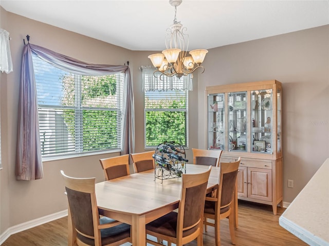 dining area featuring hardwood / wood-style floors and a chandelier