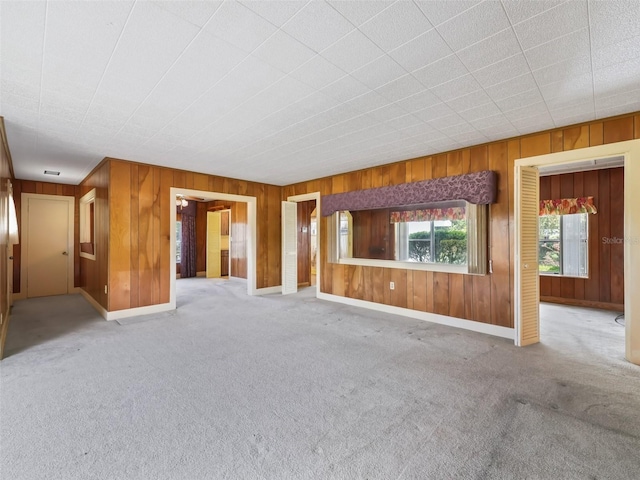 empty room featuring wood walls and carpet