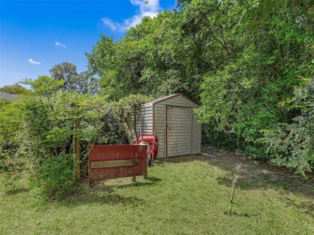 view of yard with a storage shed