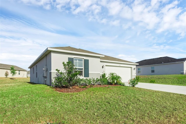 single story home featuring a front yard and a garage