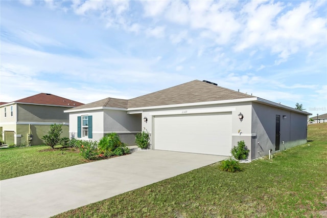 ranch-style house with a garage and a front lawn