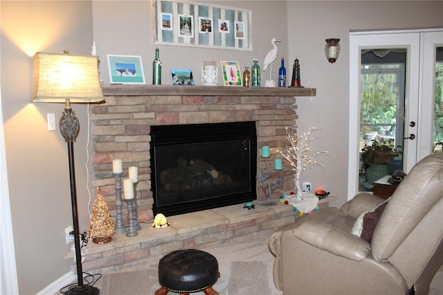 living room featuring a fireplace