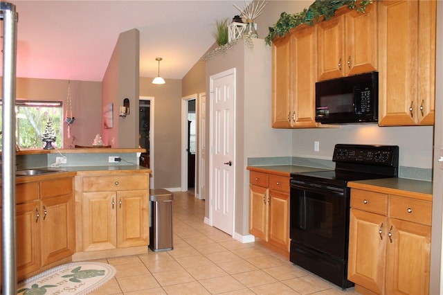 kitchen featuring vaulted ceiling, hanging light fixtures, light tile floors, and black appliances