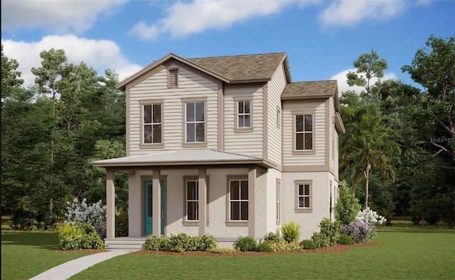 traditional home featuring a porch, a front lawn, and stucco siding