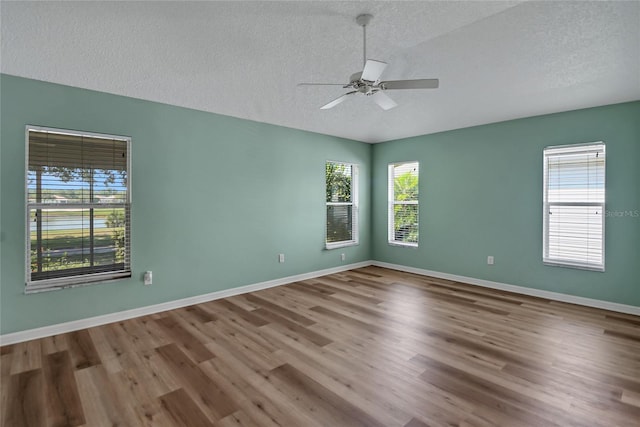 empty room with wood-type flooring, ceiling fan, and a textured ceiling