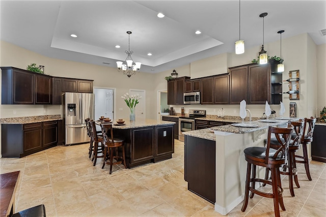 kitchen featuring decorative light fixtures, a kitchen breakfast bar, a raised ceiling, and stainless steel appliances