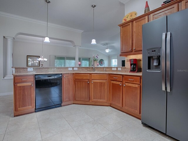 kitchen featuring ornate columns, black dishwasher, brown cabinets, and stainless steel fridge with ice dispenser