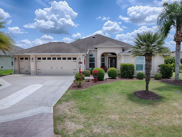 ranch-style house with driveway, roof with shingles, an attached garage, a front lawn, and stucco siding