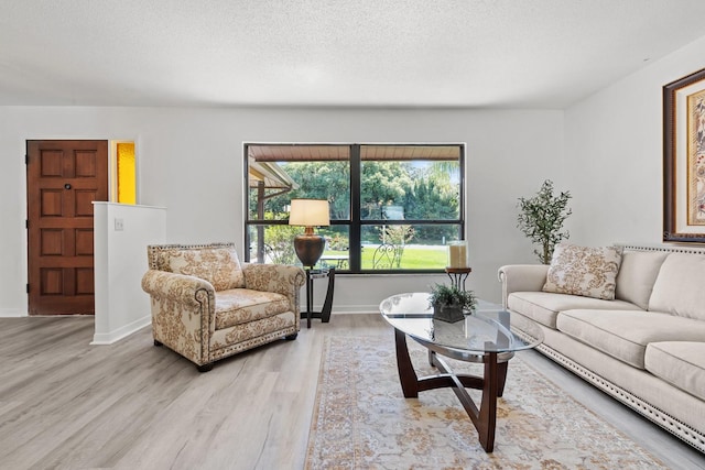 living room with a textured ceiling and light wood-type flooring