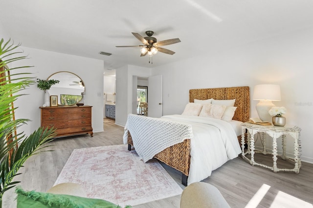 bedroom featuring ceiling fan and light wood-type flooring