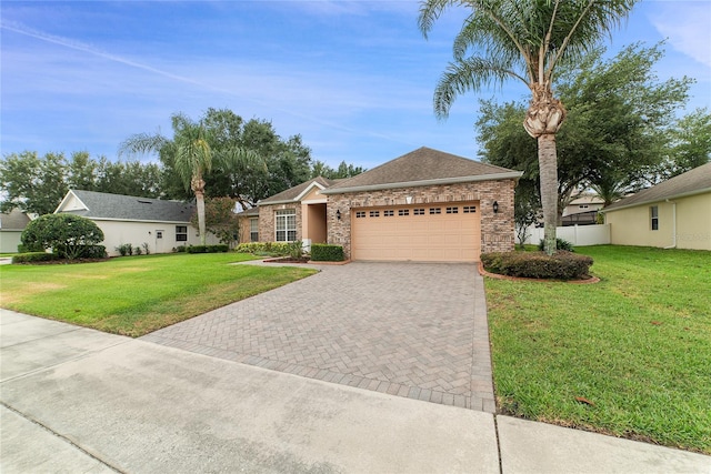 single story home featuring a front yard and a garage