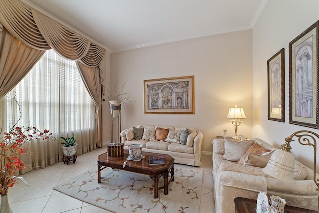 tiled living room featuring crown molding