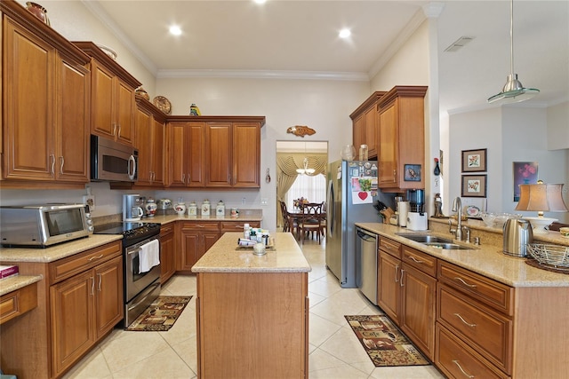 kitchen featuring light tile patterned flooring, sink, stainless steel appliances, decorative light fixtures, and crown molding