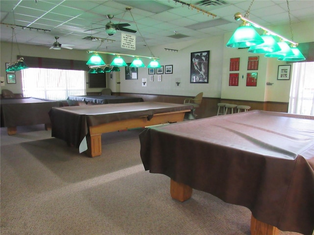 playroom with billiards, ceiling fan, carpet flooring, and a drop ceiling