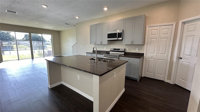 kitchen featuring dark hardwood / wood-style floors, an island with sink, stainless steel appliances, and sink