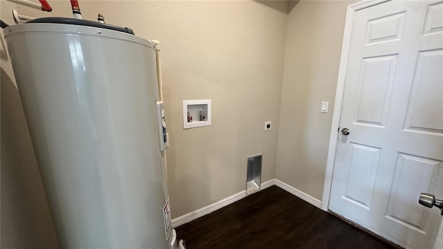 laundry area with electric dryer hookup, washer hookup, electric water heater, and dark wood-type flooring