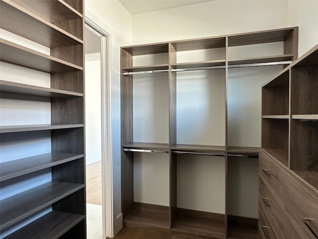 walk in closet with dark hardwood / wood-style flooring