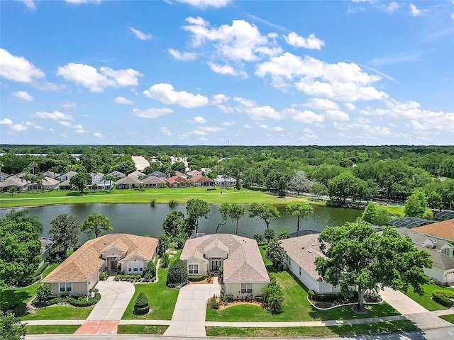 bird's eye view with a water view