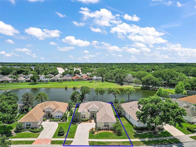 drone / aerial view with a water view