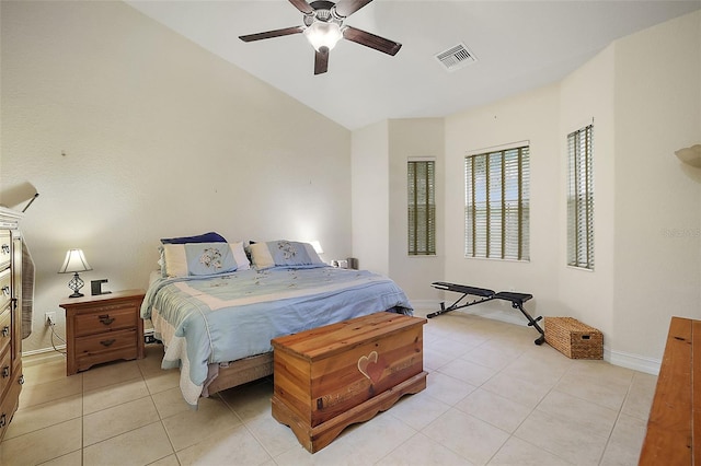 bedroom with light tile patterned floors and ceiling fan