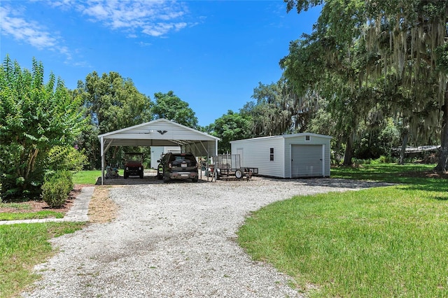 exterior space with a storage unit, a carport, and a lawn