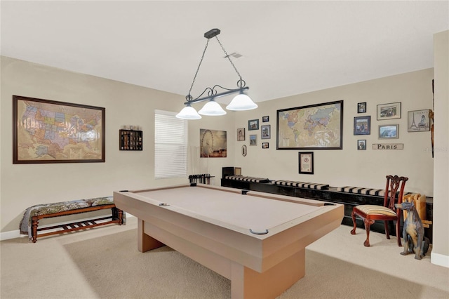 rec room featuring pool table and light carpet