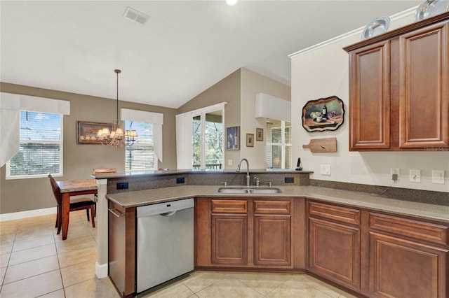 kitchen featuring vaulted ceiling, dishwasher, sink, an inviting chandelier, and light tile patterned flooring