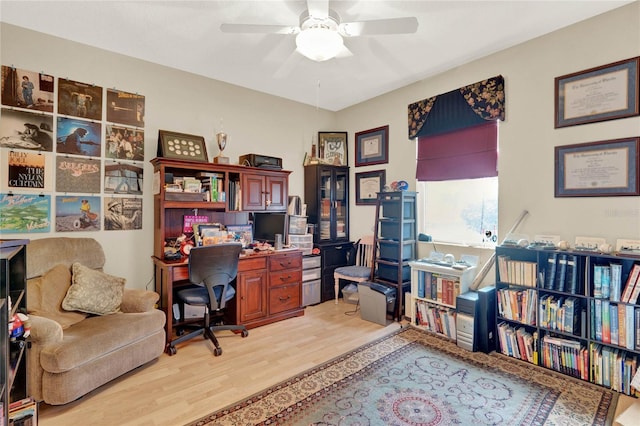 home office with ceiling fan and light hardwood / wood-style floors