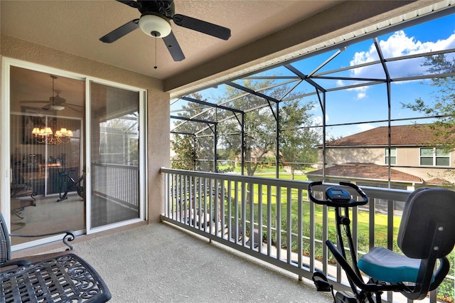 balcony featuring ceiling fan