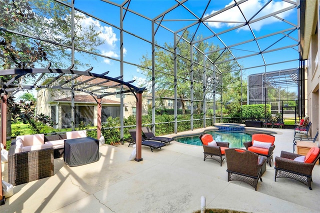 view of patio featuring a lanai, a pool with hot tub, and an outdoor hangout area