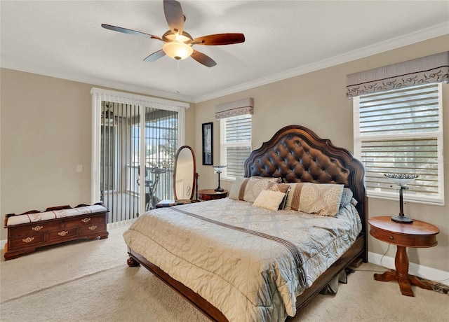 bedroom featuring ceiling fan, access to exterior, carpet, and ornamental molding